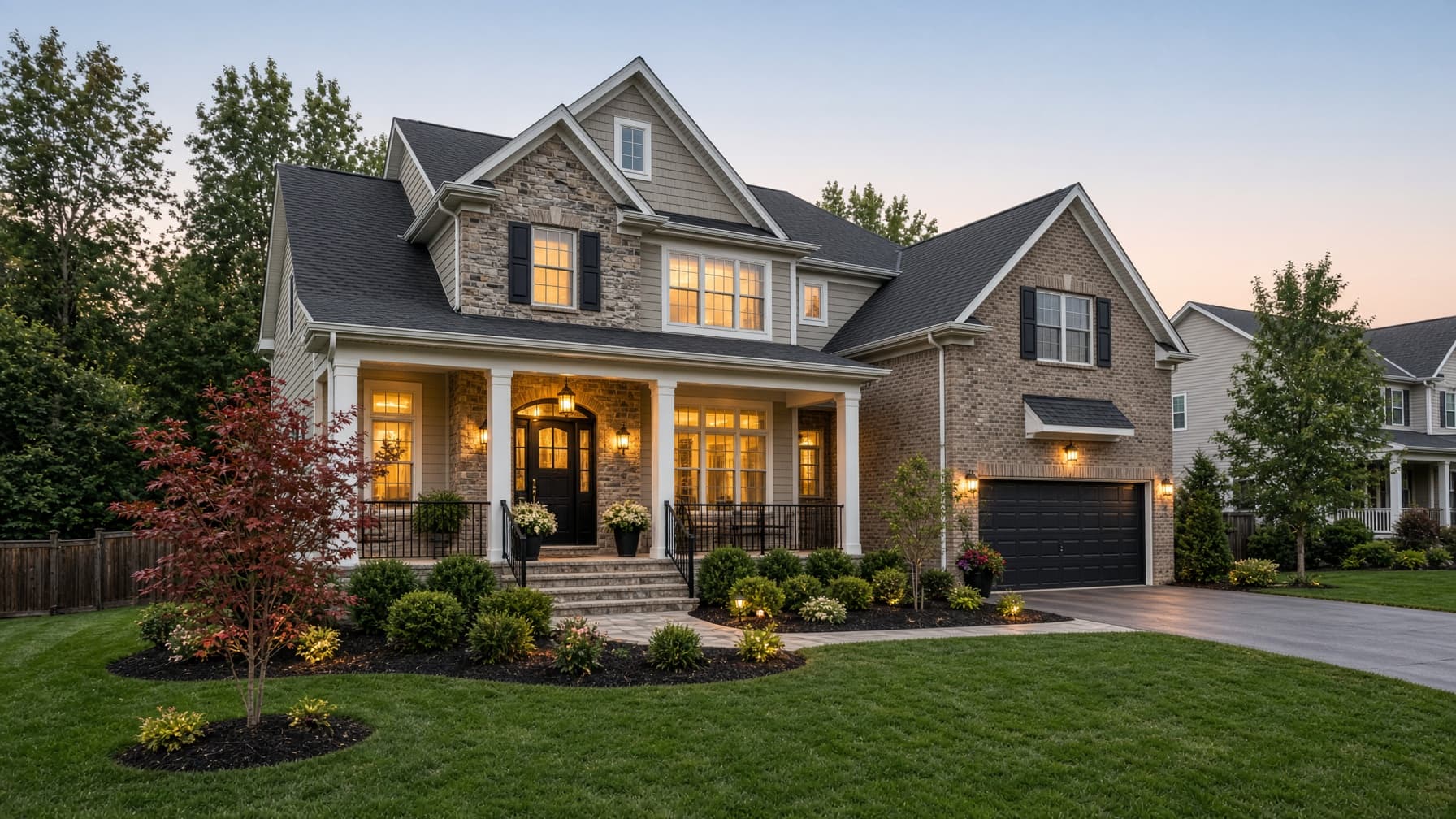 A stone and brick home with a lit porch at dusk